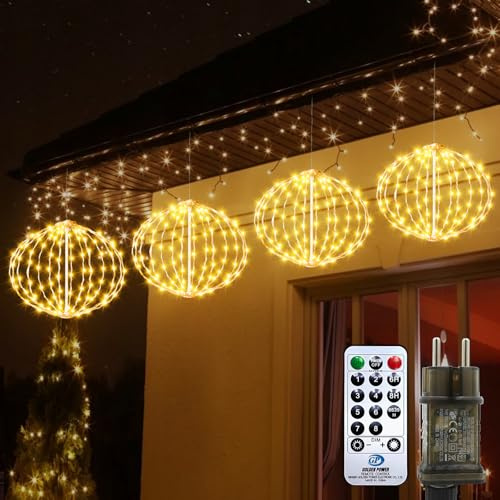 Auting Guirlande Lumineuse Boule de Noël Extensible, Boule Suspendue LED Chaud Blanc, 8 Modes Minuterie, Décoration de Noël pour Intérieur/Extérieur Jardin, Balcon, Avant-toit, 4 Pièces Ø 20cm