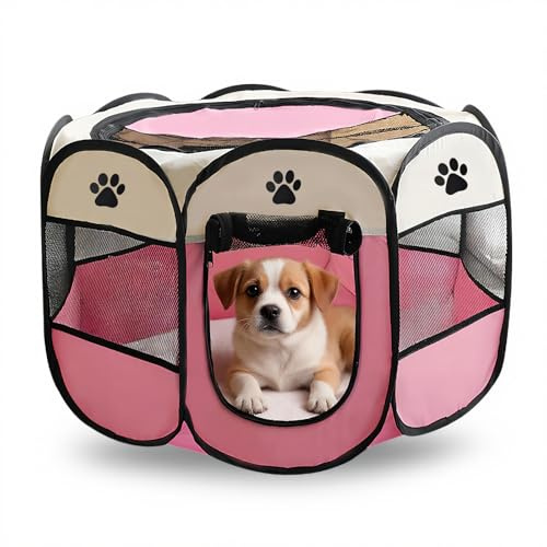 Foldable Pet Playpen, Portable Dog Cat Play Pen Indoor Outdoor Pet, Fence Breathable Mesh Pet, Soft Cage Tent, Pop-Up Design, Removable Zipper Top, for Rabbit Hamster Guinea Pig, 91*58*58CM (Pink)