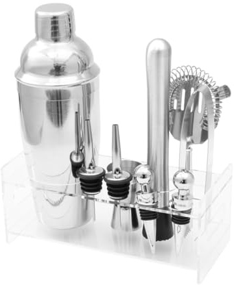 UKCOCO 12 pièces Shaker Cocktail Acier Inoxydable avec Outils Martini et Cuillère Mélangeuse Set Professionnel avec Pince à Glace et Socle Acrylique Accessoires pour Préparation
