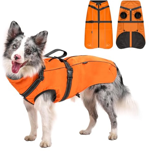 OneTigris Hundejacke, Wasserdichter Winterweste Jacken Hundemantel Mit Bediengriff, Bequeme Ausscheidung, Reißverschluss und Elastisches Design, Einfaches An-und Ausziehen, Reflektierend,M,Orange