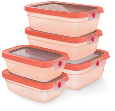 EMSA oneClick, recipiente para almacenar alimentos, un clic, abrir y cerrar sin esfuerzo, 2 veces más frescos, 100% hermético, apilables, set 5 piezas naranja, 2x 0,50L, 2x 1,20L, 1x 2,30L, N1230900