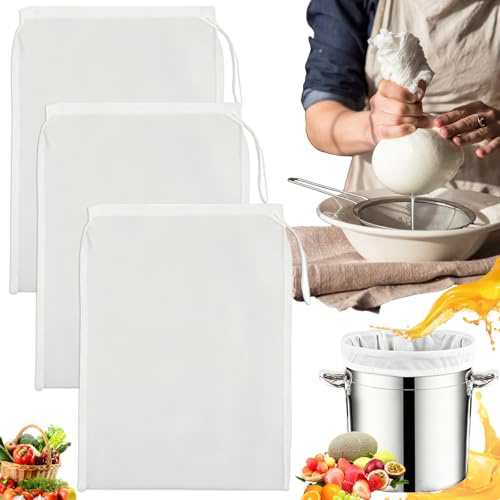 Liekadijiae 3 Stücke Passiertuch Wiederverwendbar,200 Mesh,45×60cm,Mit Kordelzug,Siebbeutel Groß,Weinherstellung Zubehör,Nylon Mulltuch Küche,Brühbeutel Filter Für Bier,Wein,Saft,Koffee