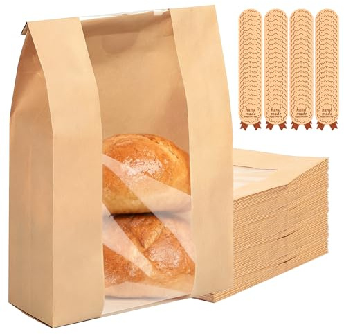 120Pcs Sourdough Bread Bags with Window, Large Kraft Paper Bakery Bags | Greaseproof Paper Bags with Sealing Stickers, Sandwichbags for Storage Homemade Bread, Cookies, Snacks