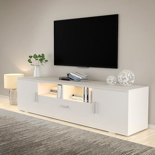 TV-Schrank LED, TV Lowboard mit Großem Stauraum, Fernsehtisch mit RGB LED-Beleuchtung, TV Board für Wohnzimmer Schlafzimmer, Weiß 160x 35 x 40 cm