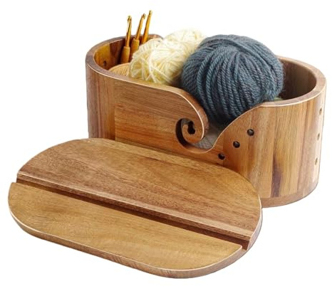 Cuenco de para tejer, cuenco de madera para con tapa, soporte doble para rizado, para acolchar, tejer, ganchillo, manualidades, hogar, estudio, oficina