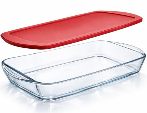 Ums 4-Qt Glass Baking Dish with Lid, Casserole Dishes for Oven with Lids, Borosilicate Glass Cookware, Oven Safe, Microwave and Dishwasher Safe Clear Bakeware, (15.7'' x 9.8'' x 2.4'')