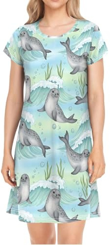 JULYTO Sleep Shirts for Women Seals Waves Bubbles Soft Comfy Nightgown Sleep Dress Short Sleeve Dress Sleepwear for Women 2XL