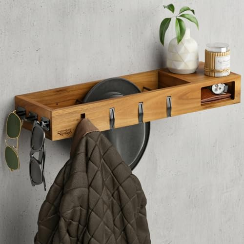 MEISTERHÖLZER Wandgarderobe Holz – Platzsparende 4in1 Garderobe - 70cm | Garderobenpaneel mit Ablage, Haken, Kleiderstangen, Brillenhalter – Garderobenleiste für Flur, Schlafzimmer, Wohnzimmer
