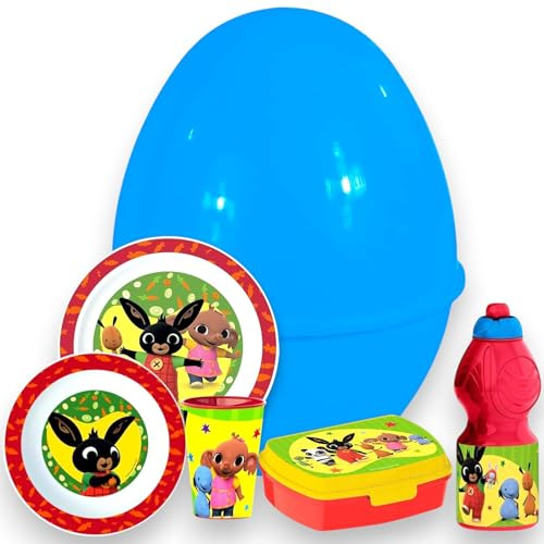 KORAT - Uovo Sorpresa Pasqua Bambini Idea Regalo con Set Pappa 7 Pezzi in Melamina – Piatti, Bicchiere, Borraccia, Porta Merenda e Posate – Uovo Grande 30x30x40 cm Pasqualone (Bing)