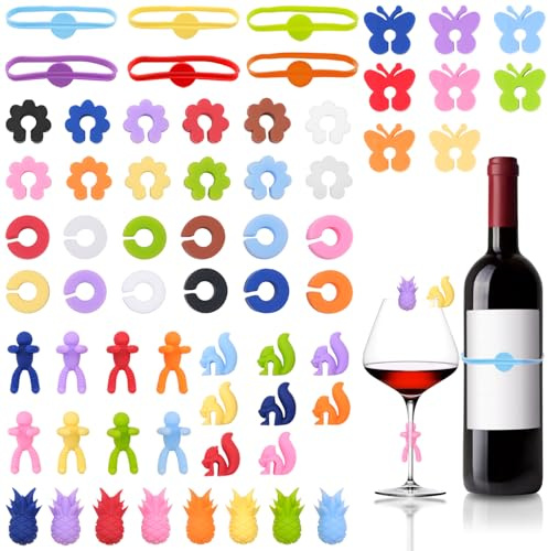 Uryxery Glasmarkierer 62 Stück, Wiederverwendbare Glasmarker aus Silikon, Bunte Glas Markierung für Trinkgläser, Weingläser, Sektgläser und Tassen, 7 Designs für Party und Feier