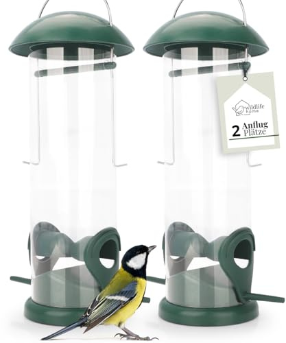 WILDLIFE HOME Körner Vogelfutterspender 2 Stück I 20cm mit 2 Anflugplätzen I Vogel Futterstation zum Aufhängen, Futtersäule, Körner Wildvögel, Futtersilo