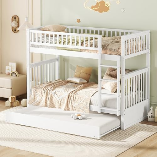LZPUOUI Etagenbett 90x200 weiß als Dreierbett mit Ausziehbett Bettgestell aus Massivholz Kiefer für das Jugendzimmer stabil belastbar bis 120kg abnehmbar inklusive Rost Treppe massiv