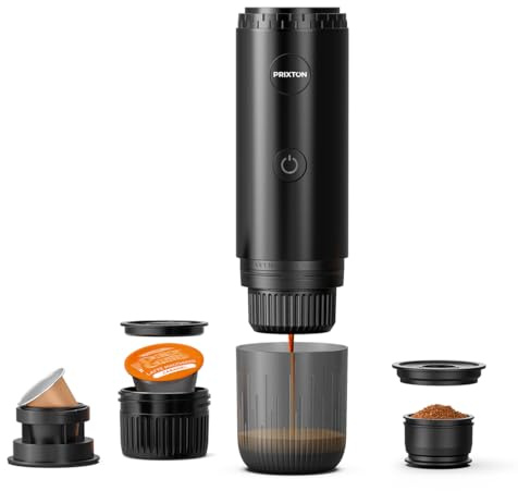PRIXTON Cafetera Espresso Portátil Roma, Compatible con Café Molido y Cápsulas, 19 Bares de Presión, Potencia de 80 W, Depósitvo de 80 ml, Auto-apagado de Seguridad, Adaptadores Incluidos (Negro)
