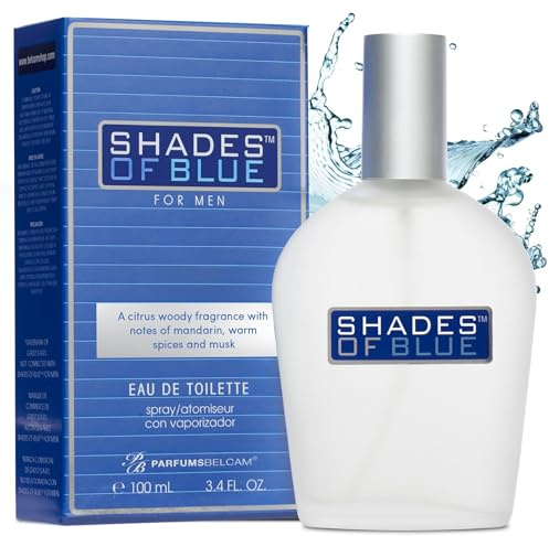 PB ParfumsBelcam Shades of Blue Eau de Toilette Spray for Men – Fresh Citrus Woody Cologne with Mandarin, Warm Spices & Musk – Mediterranean-Style Men’s Fragrance, Affordable Everyday Scent, 3.4 Fl Oz