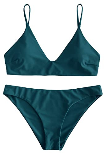 ZAFUL Women's Solid Spaghetti Strap Bralette Bikini Set Two Piece Swimsuit (0-Peacock Blue, M)