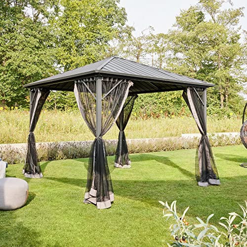 Home Deluxe - LED Solar Pavillon - Azur, Maße: 300 x 270 cm - inkl. LED Beleuchtung und Vorhänge, Gestell: Aluminium I Terrassenüberdachung Pergola Sonnenschutz