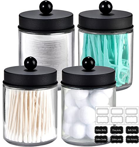 Amolliar 4 Pack Apothecary Jars Bathroom Vanity Storage Organizer Set -Countertop Canister with Stainless Steel Lids &Cute Stickers - Qtip Dispenser Holder for Qtips,Cotton Swabs,Makeup Sponges(Black)