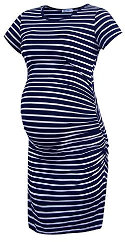 Smallshow Damen Umstandskleid Kurzarm Umstandsmode Kleid Sommer,Navy Stripe,M