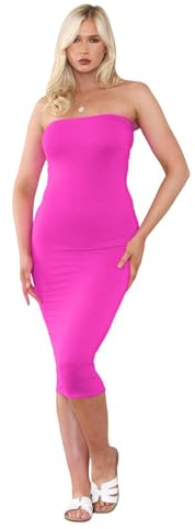 Hamishkane® Vestido midi ajustado para mujer, sin tirantes, ajuste delgado, elástico, para mujer, Reino Unido, verano, largo sin tirantes, para fiesta, rosa neón, 42-44