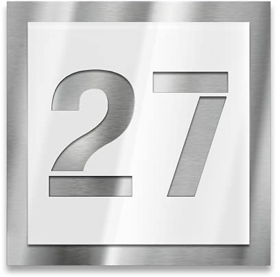 Metzler Hausnummer Edelstahl, individuelles Hausnummernschild in Weiß, Straßenschild mit Hausnummer, V2A-Edelstahl, kratzfest, robust, gebürstet, 3D-Effekt, Made in Germany, Größe: 12 x 12 cm