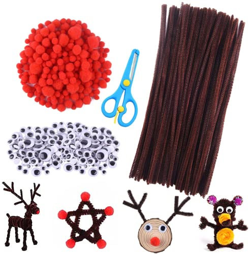 Pfeifenreiniger Pfeifenputzer Braune Chenilledraht und Pompons für Kinder Weihnachten Handwerk DIY Herstellung Basteln mit Rentieren（100Stk）