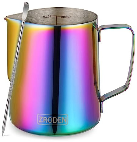 Milchaufschäumkrug, 32 oz Espresso Dampfkrüge Edelstahl Cappuccino Kaffeemaschine Zubehör Barista Werkzeuge Dampfschaum Krüge Milchkännchen Tasse mit Dekorierstift Latte Art, Regenbogen