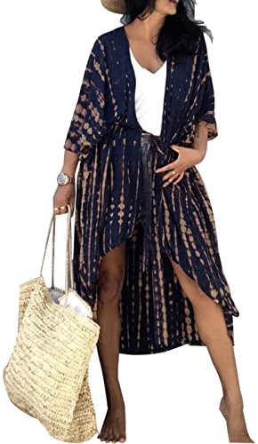 Baynetin Long Beach Kleid für Frauen, Damen Lose Sommer Pareos, Maxi Strandkleid Boho Kimono Lang Strand Cardigan Beachwear, Front Offen Blumen Bluse Bikini Cover-Up Einheitsgröße (Marine)