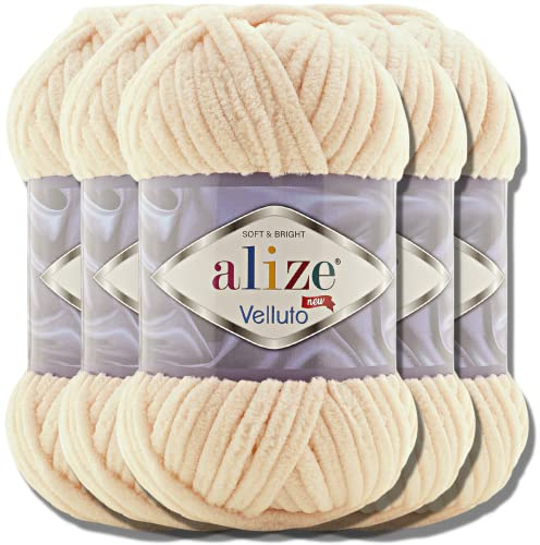Hobby YARN Alize Velluto 5x 100g Türkische Strickwolle super Bulky Wolle zum Häkeln Uni Farbe Babywolle Flauschgarn Filzwolle Kuschelwolle (Honey | 310)