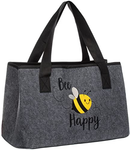 Brandsseller Einkaufstasche aus Filz 40x26x26,5 cm – große Shoppingbag mit Henkel – robuste Filztasche für Einkauf & Alltag – Shopper mit gestickter Biene - Grau