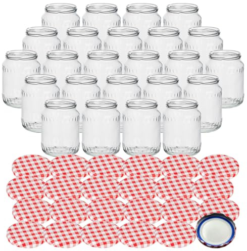 gouveo 24er Set Einmachgläser 720 ml (0,72 l) Einmachglas 720 ml Facette Twist-Off Schraubdeckel Metall BlueSeal karo-rot TO 82 Vorratsgläser Marmeladengläser Sturzgläser (EGF720KRBS)