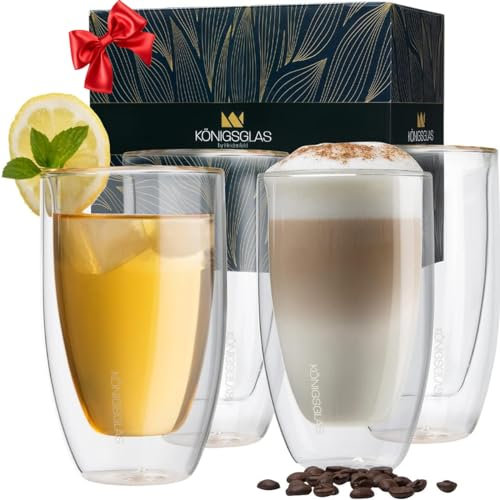 Heidenfeld Königsglas Latte Macchiato Gläser | 4x 300ml Gläser Set - Cappuccino Tassen - Kaffeetassen - Trinkgläser - Cocktailgläser - Wassergläser - Teegläser - Kaffeeglas doppelwandig - Kaffeegläser