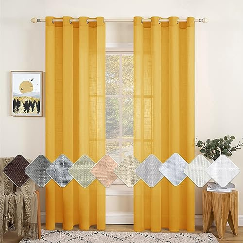 MIULEE 2er Set Voile Vorhang Sheer Leinenvorhang mit Ösen Transparente Leinen Optik Gardine Ösenschal Wohnzimmer Fensterschal Lichtdurchlässig Dekoschal Schlafzimmer 140x245cm (B x H) Leuchtendes Gelb