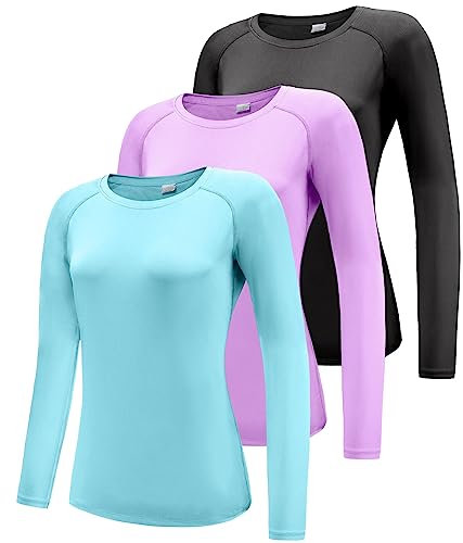 Damen 3er Pack Langarmshirt T-Shirts,UPF 50+ Sonnenschutz Schnelltrocknend Funktionsshirt Laufshirts,Atmungsaktiv Langarm Sportshirt Gym Yoga Top Black/Purple/Light Blue 3P06-XL