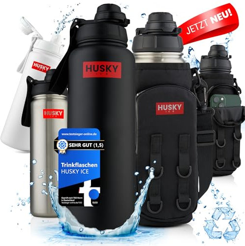 HUSKY ICE Edelstahl Trinkflasche mit GRATIS Tragtasche - 700ml - BPA-Frei, Auslaufsicher und Spülmaschinen geeignete Thermo Isolierflasche - Thermosflasche doppelwandig, Sport, Outdoor (Black edition)