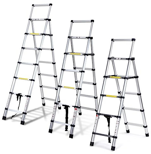 Joparri Escalera telescópica de 1,7 m + 2,0 m, de Aluminio, Antideslizante, Extensible con pasamanos y Cierre de Seguridad, Seguridad Plegable, Escalera Multiusos para Pintar Paredes, hasta 150 kg,
