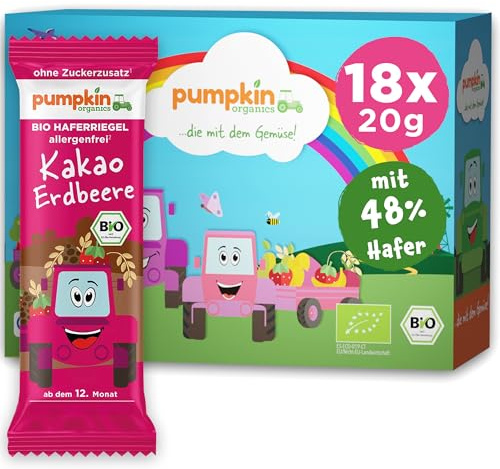 Pumpkin Organics Bio Haferriegel ohne Zuckerzusatz¹, Babys und Kinder, 18x | 18 Bio Haferriegel Kakao Erdbeere, ohne Zuckerzusatz¹, weniger Fruchtzucker, allergenfrei² und glutenfrei³, ab 12 Monaten