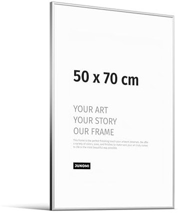 JUNOMI® Cornice portafoto 50 × 70 cm, alluminio argento opaco elegante – profilo slim, vetro acrilico antiurto, appendiatura orizzontale e verticale