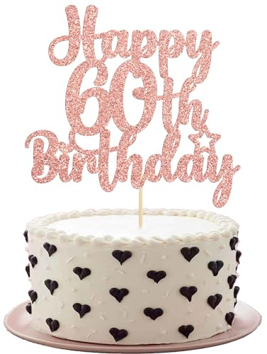 Gyufise Happy 60th Birthday Glitter Cake Topper & Cheers to Years Old Party Decorations Supplies in Rose Gold - 1Pc