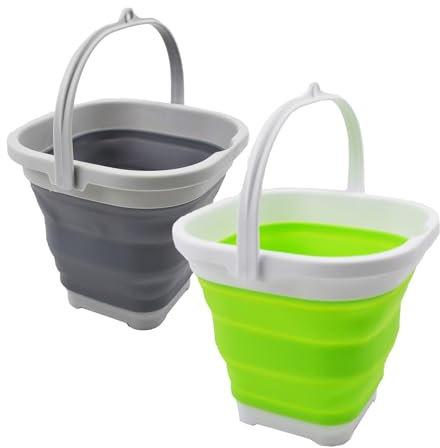 Sammart 2,6 l Super Mini Quadratisch Faltbarer Kunststoffeimer – Faltbarer quadratischer Eimer – Tragbarer Wassereimer – Platzsparender Outdoor-Wassertopf (2, Grau/Grasgrün (2er-Set))
