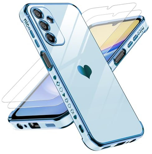 LeYi Hülle für Samsung Galaxy A15 4G/5G Handyhülle mit 2*Schutzfolie, Cute Herz Muster TPU Silikon Galvanik Stoßfest Schutzhülle Cover Case, Kameraschutz Kratzfest für Samsung A 15 Blau