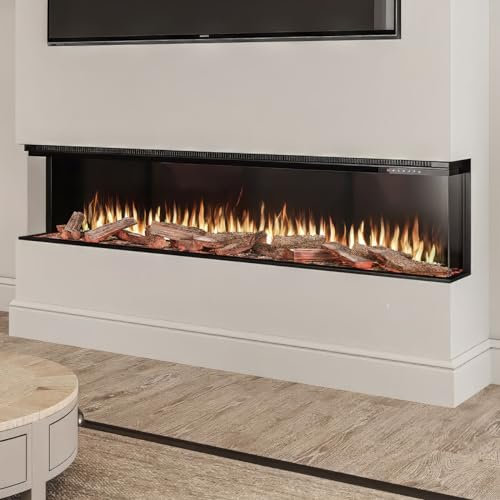 Horizon Series 1828 Plus - 72 Premium Media Wall Electric Fire - Adaptive Trim System -3 Sided Panoramic Glass & Deep Fuel Bed - Hand Crafted Real Wood Log Set - Over 100 Light & Multi Flame Effects