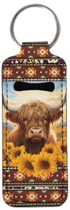 Tongluoye Highland Cattle Chapstick Holder Keychain for Women Sunflower Lip Balm Keychain Holder Teen Girls Portable Chapstick Keychain With Durable Metal Ring Clip-On Lip Gloss Tube Holder