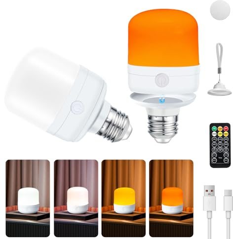 Joyes Wiederaufladbare Glühbirne, 2 Stück, dimmbarer Timer, batteriebetrieben, E27, LED-Glühbirnen mit 4 Farben, 40 W, entspricht Fernbedienung, abnehmbare Lampe für Camping, hängende Lichter