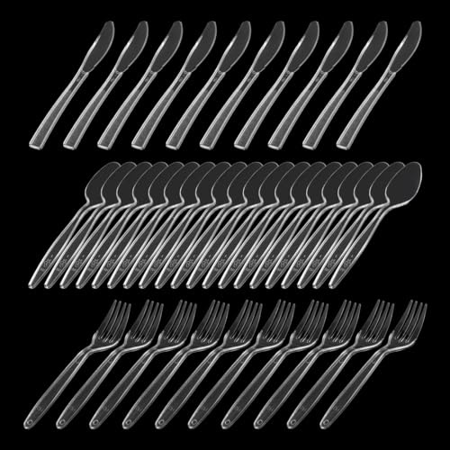 LAWALEISHE Premium Clear Hard Plastic Cutlery Set,Reusable Cutlery Set of 40 Pack: Forks & Spoons & Knives,for Birthday Parties Picnics Buffets BBQ's Weddings Camping