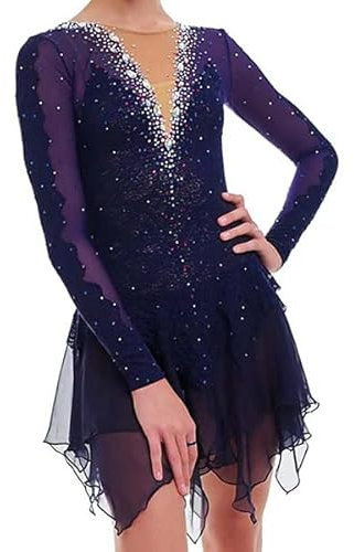 YDHTIZ Langärmliges Eiskunstlauf Kleid Für Mädchen Wettkampf Eislaufbekleidung Für Damen Mit Hoher Elastizität Rock Zum Eislaufen Professionelle Rollschuh Trainingskleidung,A,7_10Years