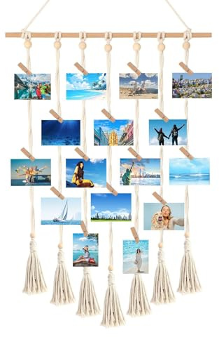 Hiqiku Foto Hängendes Makramee - Wandbehang Fotowand Bilderrahmen Collage Fotovorhang Wandteppich Fotowand mit 30 Holzclips und 1 spurlosen Nägeln Boho Deko für Wohnkultur, Schlafzimmer