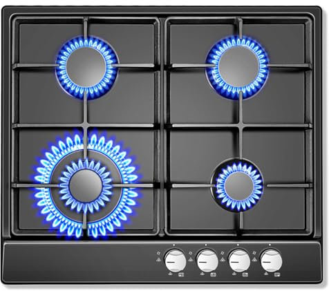 SNDOAS Piano Cottura 4 Fuochi Gas, Piano Cottura Pannello Smaltato Nero, Protezione Tramite Termocoppia, Gas Naturale/Propano, Incorporato, 8060W, accensione elettronica a impulsi