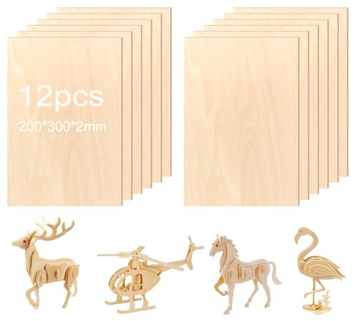 DeJivsin 12 pezzi Fogli di Legno di Balsa 2 mm, 300 x 200 x 2 mm Tavole Modello in Legno, Fogli di Compensato Grezzo Tavola Liscia per Modelli Fai Da Te, Arte e Artigianato, Dipinti