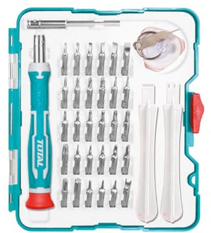 TOTAL - Set di Cacciavite con 37 Punte di Precisione | Punte Magnetiche | Manico Ergonomico Trimateriale | Include Ventosa, Triangolo, Carta Pin e 2 Leve in Plastica