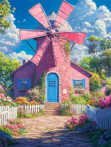 Diamond Painting Windmühle Diamant Painting Bilder Erwachsene Kinder Landschaft, 5D DIY Vollbohrer Eckige Steine Diamant Malerei Stickerei Kreuzstich Bastelset für Deko Wohnzimmer 30 x 40 cm A-729